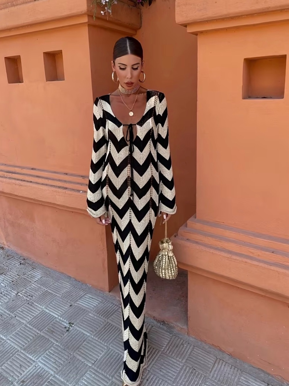 New Black and Cream Chevron Knit Maxi Dress